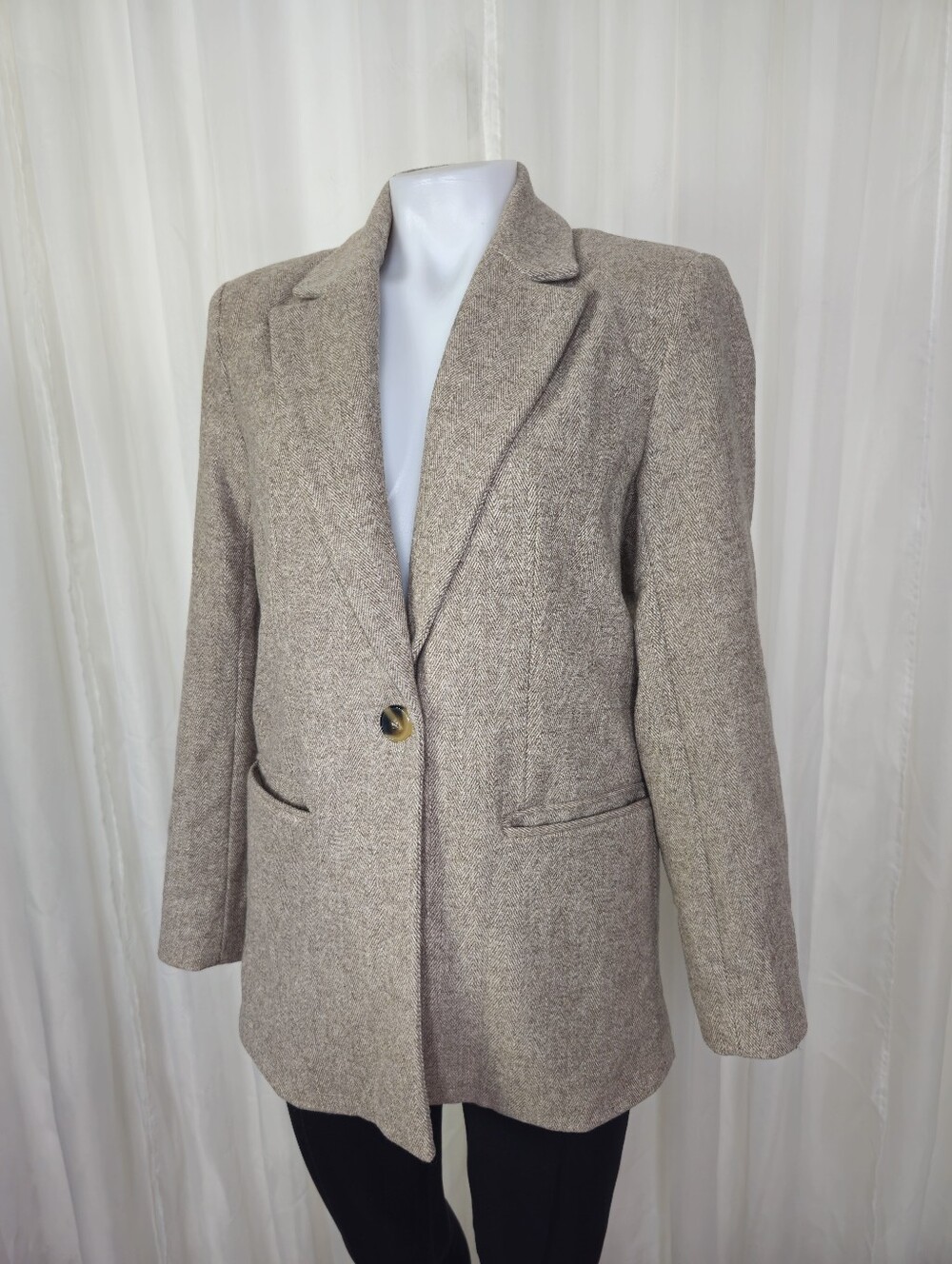 ZARA Beige/Brown/Taupe Oversized Herringbone Tweed Blazer Jacket Wool Size XS